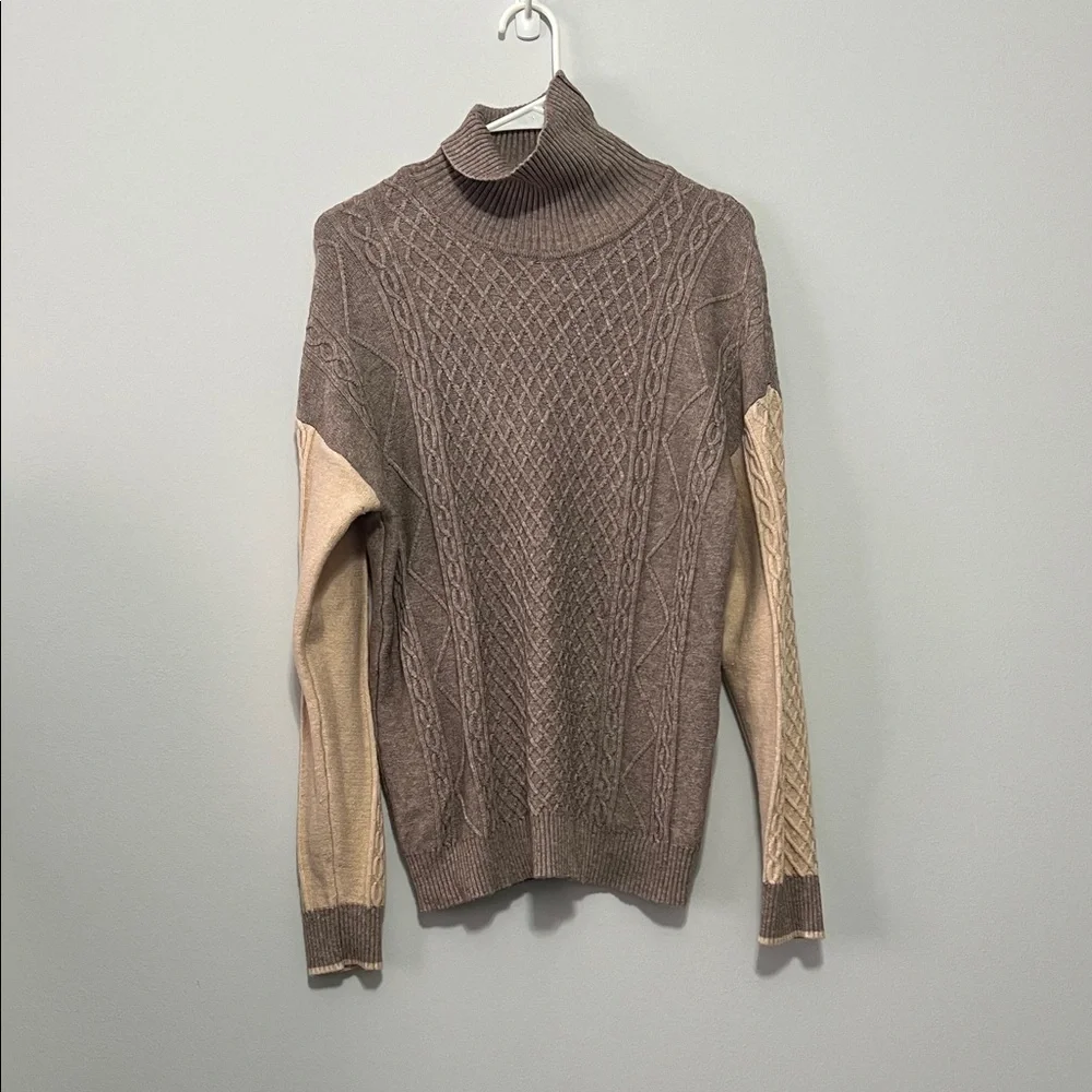 Cyrus Two-Tone Cable Knit Turtleneck Sweater - Brown and Cream